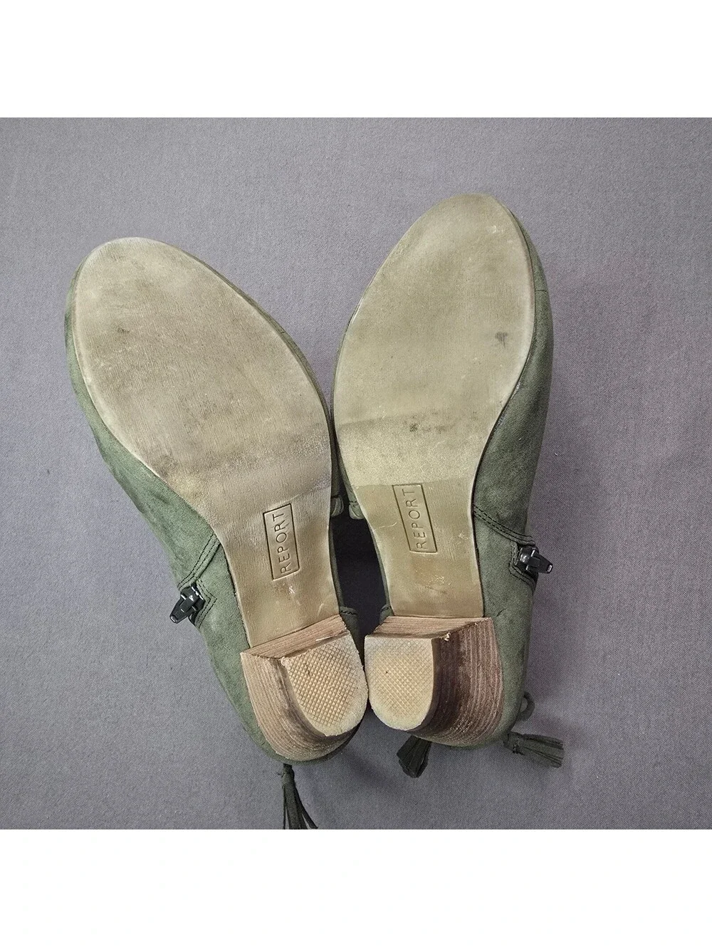 Report Olive Green Faux Suede Ankle Booties Tassel Side Zip Women's Size 7.5